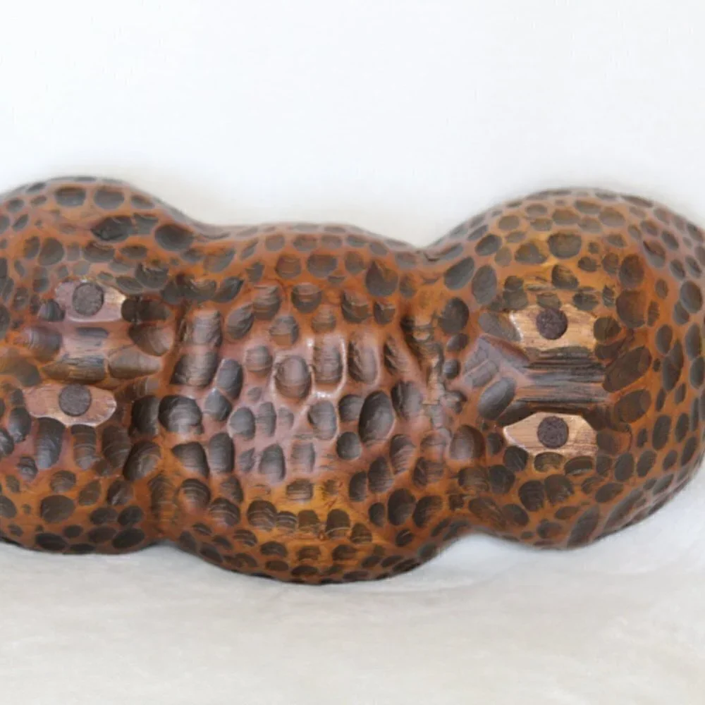 Vintage peanut shape fine wooden bowl carved animal print texture divided dish